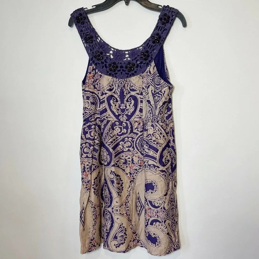 Free People Beaded Crochet Trim Sleeveless Mini Dress Purple Size 2 Paisley Boho